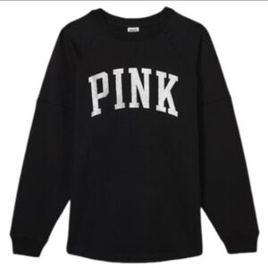 NWOT Pink by Victorias Secret Black & Silver Glittered Graphic Fleece Sweatshirt